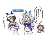  3girls animal_ears blush brown_hair can cheval_grand_(umamusume) closed_eyes commentary_request fat fidgeting grey_hair hat hishi_miracle_(umamusume) horse_ears horse_girl horse_tail kannagi2001 meisho_doto_(umamusume) multiple_girls navel open_mouth school_uniform simple_background tail tracen_school_uniform translation_request umamusume white_background 