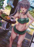  1girl absurdres bikini bikini_skirt breasts brown_eyes commentary_request drink dutch_angle food glass green_bikini grey_hair hand_on_hip highres kantai_collection kasumi_(kancolle) long_hair medium_breasts navel sabakuomoto side_ponytail solo standing swimsuit tempura veranda wind_chime wooden_floor 