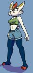 absurd_res anthro bottomwear bra cinderace clothing crop_top cutoffs denim denim_bottomwear denim_clothing female generation_8_pokemon hi_res jimmy_jamban lagomorph leporid mammal nintendo pokemon pokemon_(species) shirt shorts solo sports_bra topwear underwear