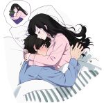  1boy 1girl bed_sheet black_hair blue_pajamas blush breast_rest breast_smother breasts chitanda_eru dreaming eggplant face_to_breasts hetero highres hug hyouka lying medium_breasts mery_(yangmalgage) on_side oreki_houtarou pajamas pillow pink_pajamas sleeping sweatdrop under_covers 