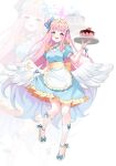  1girl angel_wings blue_archive blue_dress blush breasts cake cleavage doka_l dress feathered_wings food full_body hair_bun halo highres holding holding_tray large_breasts long_hair looking_at_viewer mika_(blue_archive) open_mouth pink_hair pink_halo puffy_short_sleeves puffy_sleeves shoes short_sleeves single_side_bun smile socks solo tray white_socks white_wings wings yellow_eyes yellow_footwear 
