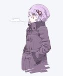  1girl alternate_costume beanie breath coat commentary_request cropped_torso from_side grey_background grey_hair hair_between_eyes hands_in_pockets hat hat_ornament high_collar highres long_sleeves looking_ahead mochi_(mochi444420) purple_coat purple_eyes purple_headwear sidelocks simple_background solo upper_body vocaloid voiceroid winter_clothes winter_coat yuzuki_yukari 