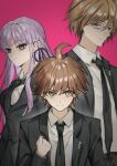  1girl 2boys ahoge black_jacket black_necktie blonde_hair breasts brown_hair clenched_hand closed_mouth collared_shirt danganronpa_(series) danganronpa_3_(anime) glasses grey_hair grey_shirt hand_up highres jacket kirigiri_kyoko large_breasts long_hair multiple_boys naegi_makoto necktie open_clothes open_jacket pink_background shirt short_hair smile togami_byakuya xian_yunsan 