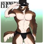 abs absurd_res anthro australian_shepherd body_hair border_collie brown_body brown_fur canid canine canis cerberussenn clothing collie countershading domestic_dog fur gradient_background happy_trail hat headgear headwear herding_dog hi_res hidden_eyes huge_filesize hybrid jockstrap kennedy_lee_(cerberussenn) male mammal muscular muscular_male name_tag pastoral_dog pubes shadow sheepdog signature simple_background smile solo tan_body tan_countershading tan_fur tipping_hat underwear