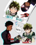  2boys afro artist_name black_hair blue_outline bodysuit boku_no_hero_academia brown_eyes crossover dark-skinned_male dark_skin elbow_gloves english_text gloves green_bodysuit green_eyes green_hair grey_background highres male_focus marvel mask mask_around_neck merchandise midoriya_izuku miles_morales multiple_boys nike_(company) outline photo_(object) sharl0ck shoes smile sneakers speech_bubble spider-man:_across_the_spider-verse spider-man_(series) spider-verse superhero upper_body upside-down v 