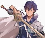  1boy blue_eyes blue_hair cape chrom_(fire_emblem) falchion_(fire_emblem) fire_emblem fire_emblem_awakening gloves hair_between_eyes highres holding holding_sword holding_weapon looking_at_viewer male_focus neko_maru_1027 short_hair solo sword upper_body weapon white_background white_cape 