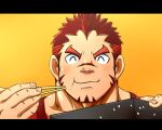 1boy :t ^_^ akashi_(live_a_hero) bara bulge chopsticks closed_eyes doro_rich eating facial_hair facing_viewer food food_on_face goatee happy live_a_hero long_sideburns male_focus paid_reward_available portrait red_eyes red_hair rice rice_on_face scar scar_on_face scar_on_nose short_hair sideburns solo straight-on thick_eyebrows 