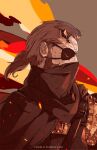  1boy artist_name bandana bandana_over_mouth beard brown_hair camouflage chun_lo embers eyepatch facial_hair fatigues highres horns male_focus metal_gear_(series) metal_gear_solid_v:_the_phantom_pain military ponytail single_horn solo tumblr_username upper_body venom_snake 