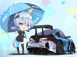  1girl absurdres animal_ears blue_eyes blue_hair chibi ear_covers highres horse_ears horse_girl horse_tail k.s.miracle_(umamusume) lexus lexus_rc_f long_sleeves looking_at_viewer peteron short_hair smile solo spoiler_(automobile) super_gt tail umamusume 