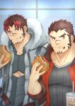  2boys :t absurdres akashi_(alter)_(live_a_hero) akashi_(live_a_hero) bara black_bodysuit bodysuit bored burger cleavage_cutout clothing_cutout eating facial_hair food food_on_face forearms goatee hand_up highres live_a_hero long_sideburns male_focus multiple_boys muscular muscular_male official_alternate_costume pectorals red_eyes red_hair sabita_kan scar scar_on_face scar_on_nose short_hair sideburns thick_eyebrows underpec upper_body 