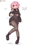  1girl absurdres black_choker black_footwear black_hoodie blue_eyes boots choker covered_navel doki_doki_literature_club fang gothic highres hood hoodie midriff_peek natsuki_(doki_doki_literature_club) navel pantyhose pink_hair raion_(raionart) short_hair solo thick_thighs thighs torn_clothes torn_pantyhose white_background 