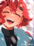  1girl absurdres black_sweater blue_jacket blurry blurry_background closed_eyes commentary_request gundam gundam_suisei_no_majo highres jacket korean_commentary open_mouth red_hair ribbed_sweater smile solo suletta_mercury sweater thick_eyebrows twitter_username upper_body yurisuki00 
