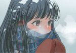  1girl black_hair blush breath brown_eyes copyright_request ear_blush gloves gradient_background highres long_eyelashes long_hair looking_ahead medium_bangs mittens original own_hands_together red_gloves scarf snow snow_on_face snow_on_head takaki_(mh_399) 