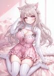  1girl animal_ear_fluff animal_ears blush breasts brown_hair cat_ears cat_girl cat_tail cleavage dress highres indie_virtual_youtuber large_breasts long_hair looking_at_viewer mirukurim pink_dress pink_hair ribbed_thighhighs shrug_(clothing) sitting sleeves_past_wrists smile solo tail thighhighs uise_iu virtual_youtuber wariza white_thighhighs 