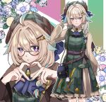  1girl :o ahoge aloupeep_(enna_alouette) aqua_nails ascot bag beret bird_hair_ornament blonde_hair blue_ascot blue_bow blush bow braid dress enna_alouette enna_alouette_(3rd_costume) flower glasses green_dress hair_bow hair_flip hair_ornament hairclip handbag hat head_wings heart heart_hands highres light_smile looking_at_viewer medium_hair multicolored_hair multiple_views nayoton77 nijisanji nijisanji_en plaid plaid_dress purple_eyes streaked_hair twin_braids wings 