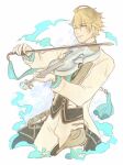  1boy ahoge aladdin_(sinoalice) blonde_hair blue_eyes formal gloves gold_trim instrument lamp looking_at_viewer male_focus music okasi_mgmgmg one_eye_closed pants parted_lips playing_instrument short_hair simple_background sinoalice sketch smile solo suit tassel violin white_background white_gloves 