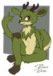 ambiguous_gender anthro antlers chest_tuft crossed_legs deer fur furred_kobold geometric_background green_body green_fur hand_on_leg hi_res horn hybrid kobold looking_at_viewer mammal mossweaver multicolored_body multicolored_fur nude rinidisc signature simple_background sitting solo tail tail_tuft tuft two_tone_body two_tone_fur yellow_eyes