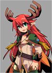  1boy antlers bangs cape commentary_request cowboy_shot emon-yu eyebrows_visible_through_hair fang genetic_(ragnarok_online) green_eyes green_shorts grey_background hair_between_eyes jacket long_hair long_sleeves looking_at_viewer male_focus open_mouth orange_cape pointy_ears ragnarok_online red_hair shorts simple_background skin_fang solo tassel white_jacket 