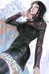  1girl black_hair blunt_bangs boots brown_eyes commentary cowboy_shot dress from_below highres leather_dress long_sleeves looking_at_viewer looking_back medium_hair newponold nico_robin one_piece short_dress solo thigh_boots 