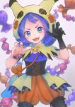  1girl :3 :d acerola_(pokemon) bangs bead_bracelet beads black_gloves black_legwear blurry bracelet candy_wrapper capelet commentary_request eyelashes gloves hands_up highres hood hooded_capelet jewelry kikuyoshi_(tracco) legwear_under_shorts looking_at_viewer medium_hair official_alternate_costume open_mouth orange_bracelet orange_shorts pantyhose pokemon pokemon_(game) pokemon_masters_ex purple_eyes purple_hair shiny shiny_hair shorts signature single_glove smile solo striped themed_object tongue vertical-striped_shorts vertical_stripes waist_cape 