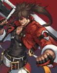  1boy bangs belt black_belt black_gloves brown_hair clenched_teeth cropped_jacket fingerless_gloves gloves guilty_gear guilty_gear_strive headband highres holding holding_weapon huge_weapon jacket junkyard_dog_mk_iii long_hair makimura_shunsuke muscular muscular_male open_clothes open_jacket pants red_background red_headband red_jacket sleeves_rolled_up sol_badguy teeth weapon white_pants zipper_pull_tab 