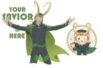  2boys ;d black_hair brown_hair cape chibi english_text eyepatch fake_horns green_cape green_eyes hair_pulled_back highres horned_headwear horns loki_(marvel) long_hair long_sleeves male_focus marvel marvel_cinematic_universe multiple_boys multiple_views one_eye_closed open_mouth outstretched_arms smile sparkle spread_arms teeth thor:_ragnarok thor_(marvel) thumbs_up tobu_0w0 upper_teeth_only white_background 