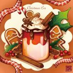  artist_name berry candy candy_cane chocolate christmas cinnamon_stick cream cup food food_focus gingerbread_cookie highres hot_chocolate leaf no_humans original plaid plaid_ribbon ribbon star_anise_(spice) yuki00yo 