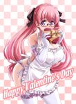  1girl apron black-framed_eyewear black_ribbon blush box breasts checkered_background cleavage commentary_request covering_own_mouth cowboy_shot english_commentary english_text frilled_apron frilled_gloves frilled_thighhighs frills gift gloves hair_ribbon happy_valentine heart-shaped_box holding holding_gift large_breasts leaning_forward long_hair looking_at_viewer low-tied_long_hair mixed-language_commentary nearly_naked_apron original panties pink_hair purple_eyes ribbon semi-rimless_eyewear solo standing thighhighs tonpuu twintails under-rim_eyewear underwear valentine very_long_hair white_gloves white_panties white_thighhighs 