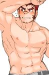  1boy abs akashi_(live_a_hero) arm_up armpits averting_eyes bad_id bad_pixiv_id bara belt blush facial_hair flying_sweatdrops goatee large_pectorals live_a_hero long_sideburns looking_at_viewer male_focus muscular muscular_male navel nipples oskn_tengoku pectorals presenting_armpit red_eyes red_hair scar scar_on_face scar_on_nose short_hair sideburns solo thick_eyebrows topless_male unfinished 