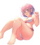  1girl bangs bare_shoulders barefoot bikini blush breasts cleavage fate/grand_order fate_(series) feet glasses hair_over_one_eye highres large_breasts legs light_purple_hair looking_at_viewer mash_kyrielight open_mouth otsukemono purple_eyes smile solo swimsuit swimsuit_of_perpetual_summer toes white_bikini 