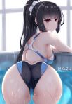  1girl ass black_hair commentary_request competition_swimsuit cowboy_shot from_behind highres isokaze_(kancolle) kantai_collection katsumi-kun long_hair looking_at_viewer looking_back multicolored multicolored_clothes multicolored_swimsuit one-piece_swimsuit ponytail poolside red_eyes sidelocks solo swimsuit water 