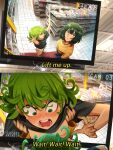  2girls absurdres assisted_exposure bead_necklace beads black_shirt blush convenience_store fubuki_(one-punch_man) green_eyes green_hair highres jewelry khyle. multiple_girls necklace one-punch_man open_mouth security_camera shirt shop short_hair short_sleeves siblings sisters tatsumaki television yellow_shirt 