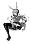  1girl absurdres amiya_(arknights) animal_ears arknights ascot closed_mouth coat commentary full_body greyscale highres holding jewelry joker_(jjjokerrr233) long_hair monochrome multiple_rings pantyhose rabbit_ears ring skirt smile solo sweater 