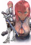  1girl armor blue_eyes blush boots breastplate breasts cleavage cleavage_cutout closed_mouth clothing_cutout embarrassed gauntlets hair_ornament hairclip headband high_heel_boots high_heels highres holding holding_sword holding_weapon kilye_kairi knight large_breasts leaning_forward looking_at_viewer metal_boots mole mole_under_eye multiple_views original pauldrons pink_hair projected_inset shirt shoulder_armor simple_background sword thigh_boots thighhighs thighhighs_under_boots weapon wet wet_clothes wet_shirt white_background 