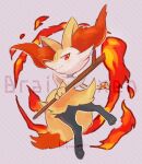  animal_ear_fluff braixen character_name closed_mouth commentary_request fire full_body furry gen_6_pokemon highres holding holding_stick kikuyoshi_(tracco) looking_at_viewer orange_eyes pokemon pokemon_(creature) signature smile solo stick toes 