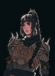  1girl armor artist_name baldur&#039;s_gate baldur&#039;s_gate_3 black_background black_hair breastplate brown_eyes closed_mouth diadem dungeons_and_dragons highres long_hair long_sleeves multi-tied_hair pointy_ears scar scar_on_face scar_on_nose shadowheart_(baldur&#039;s_gate) shan_alisee_(heyshannuckles) shoulder_plates simple_background solo upper_body 