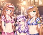  3girls :d ;d anne_(shingeki_no_bahamut) bar blue_eyes blue_shirt blue_shorts blurry bottle braid breasts brown_hair burger ceiling_light cleavage close-up closed_mouth collarbone collared_shirt crop_top depth_of_field draph food french_braid front-tie_top granblue_fantasy green_eyes hair_over_one_eye hand_up head_tilt height_difference highres holding horns indoors jewelry large_breasts lecia_(granblue_fantasy) long_hair looking_at_viewer medium_breasts midriff multiple_girls narmaya_(granblue_fantasy) navel necklace one_eye_closed open_mouth pink_hair pink_shirt pink_shorts plaid plaid_shirt pointy_ears purple_shirt revealing_clothes sannio shingeki_no_bahamut shirt short_sleeves shorts sidelocks smile stomach sweatband tray underboob upper_body very_long_hair visor_cap 