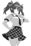  1girl breasts bright_pupils cowboy_shot greyscale hand_on_own_hip hat highres himekaidou_hatate monochrome necktie onkn_sxkn plaid plaid_skirt pointy_ears puffy_short_sleeves puffy_sleeves shirt short_sleeves simple_background skirt solo tokin_hat touhou twintails white_background white_shirt 