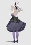  1girl absurdres backless_dress backless_outfit blue_archive dress elbow_gloves gloves halo highres hina_(blue_archive) hina_(dress)_(blue_archive) horns iu_iu_1u official_alternate_costume pantyhose purple_pantyhose solo 