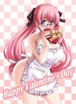  1girl apron black-framed_eyewear black_ribbon blush box breasts checkered_background cleavage commentary_request covering_own_mouth cowboy_shot english_commentary english_text frilled_apron frills gift hair_ribbon happy_valentine heart-shaped_box holding holding_gift large_breasts leaning_forward long_hair looking_at_viewer low-tied_long_hair mixed-language_commentary naked_apron nude original pink_hair purple_eyes ribbon semi-rimless_eyewear solo standing tonpuu twintails under-rim_eyewear valentine very_long_hair 