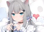  1girl :3 amashiro_natsuki animal_ears black_choker blue_eyes blurry blurry_background blush bow cat_ears cat_girl cat_hair_ornament choker closed_mouth commentary frilled_shirt frills grey_hair hair_bow hair_ornament hands_up heart heart_hands indie_virtual_youtuber long_sleeves looking_at_viewer low_twintails nachoneko paw_print purple_bow shirt smile solo symbol-only_commentary twintails upper_body white_shirt 