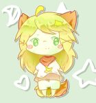2016 abstract_background animal_humanoid anthro blonde_hair blush canid canid_humanoid canine canine_humanoid chibi clothed clothing deaic female fox_humanoid green_eyes hair humanoid long_hair mammal mammal_humanoid smile solo star