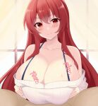  1boy bare_shoulders blush breasts breasts_squeezed_together commission hetero huge_breasts long_hair long_sleeves miyako_(mongcocoa) mole mole_under_eye motion_lines off-shoulder_sweater off_shoulder paizuri paizuri_under_clothes pov red_eyes red_hair ribbed_sleeves skeb_commission smile sound_effects sweater very_long_hair white_sweater 