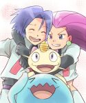  1boy 1girl arms_around_neck blue_hair blush closed_eyes embarrassed hug james_(pokemon) jessie_(pokemon) open_mouth pikari17 pink_hair pokemon pokemon_(anime) pokemon_(classic_anime) pokemon_(creature) team_rocket team_rocket_uniform white_background wobbuffet 