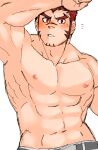  1boy abs akashi_(live_a_hero) arm_up armpits bad_id bad_pixiv_id bara belt blush facial_hair goatee large_pectorals live_a_hero long_sideburns looking_at_viewer male_focus muscular muscular_male navel nipples oskn_tengoku parted_lips pectorals presenting_armpit red_eyes red_hair scar scar_on_face scar_on_nose short_hair sideburns solo thick_eyebrows topless_male unfinished 