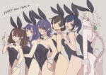  6+girls a-maru_(aaa_circle0110) alternate_costume animal_ears bare_legs black_bow black_bowtie black_eyes black_hair black_leotard blue_eyes bow bowtie braid breasts brown_eyes brown_hair commentary_request cowboy_shot detached_collar eyepatch grey_background grey_hair hair_flaps hair_over_shoulder happy_new_year highres hiryuu_(kancolle) kanji_connection kantai_collection large_breasts leotard long_hair multiple_girls one_side_up playboy_bunny purple_hair rabbit_ears rabbit_tail red_eyes ryuuhou_(kancolle) ryuujou_(kancolle) short_hair single_braid small_breasts souryuu_(kancolle) strapless strapless_leotard taigei_(kancolle) tail tenryuu_(kancolle) twintails unryuu_(kancolle) wrist_cuffs yellow_eyes 