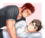  2boys akashi_(live_a_hero) bad_id bad_pixiv_id bara blush facial_hair from_side goatee inset_border live_a_hero long_sideburns male_focus male_protagonist_(live_a_hero) multiple_boys muscular muscular_male one_eye_closed oskn_tengoku red_eyes red_hair scar scar_on_face scar_on_nose short_hair shy sideburns sideways_glance straddling sweatdrop thick_eyebrows wavy_mouth yaoi 