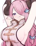  1girl absurdres armpits arms_up black_horns blush braid breasts commentary crown_braid curled_horns granblue_fantasy hair_ornament hair_over_one_eye heavy_breathing highres horns large_breasts looking_at_viewer lyrinne narmaya_(granblue_fantasy) pink_hair purple_eyes shirt sideboob simple_background sleeveless smile solo upper_body white_background white_shirt 