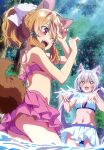  2girls :d absurdres animal_ear_fluff animal_ears ass bangs bikini bikini_skirt blue_bikini breasts bush cleavage clothes_lift forest hair_ornament hair_tubes highres latifa light_rays long_hair magazine_scan megami_magazine multiple_girls nature navel official_art one_eye_closed open_mouth orange_hair pink_bikini red_eyes sara_(seirei_gensouki) scan seirei_gensouki sidelocks silver_hair skirt skirt_lift smile splashing standing sunbeam sunlight swimsuit tail thighs tree tree_trunk twintails upper_teeth v-shaped_eyebrows wading wet yellow_eyes yufu_kyouko 