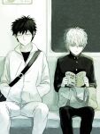  2boys aged_down bad_id bad_pixiv_id bag black_eyes black_hair book closed_mouth genos hands_in_pockets holding holding_book indoors kurosuke_(nora) long_sleeves male_focus monochrome multiple_boys one-punch_man open_book open_mouth saitama_(one-punch_man) school_uniform short_hair sitting uniform 